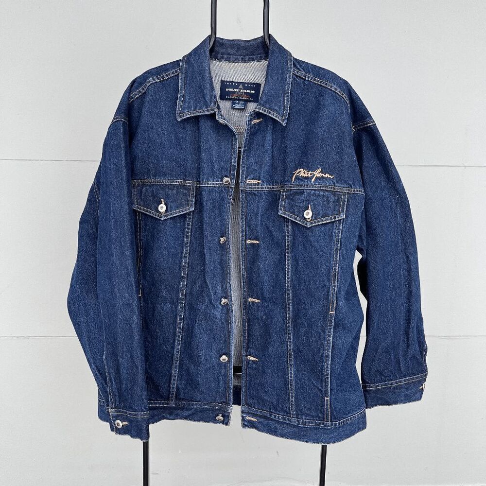 VTG Phat Farm XXL Denim Jacket Embroidered Blue Jean Streetwear Hip Hop